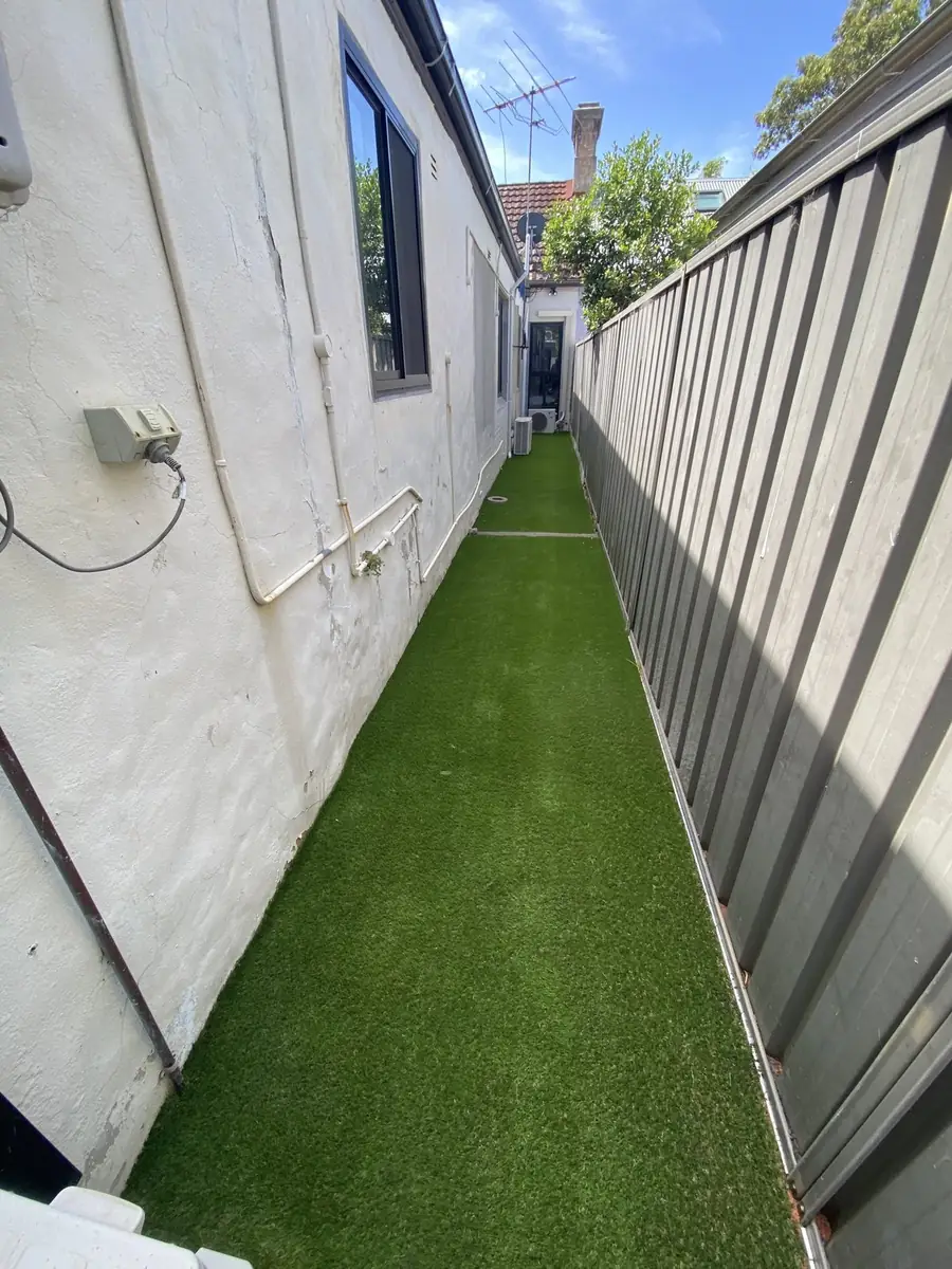 Side path turfed with artificial grass, ideal as a dog run